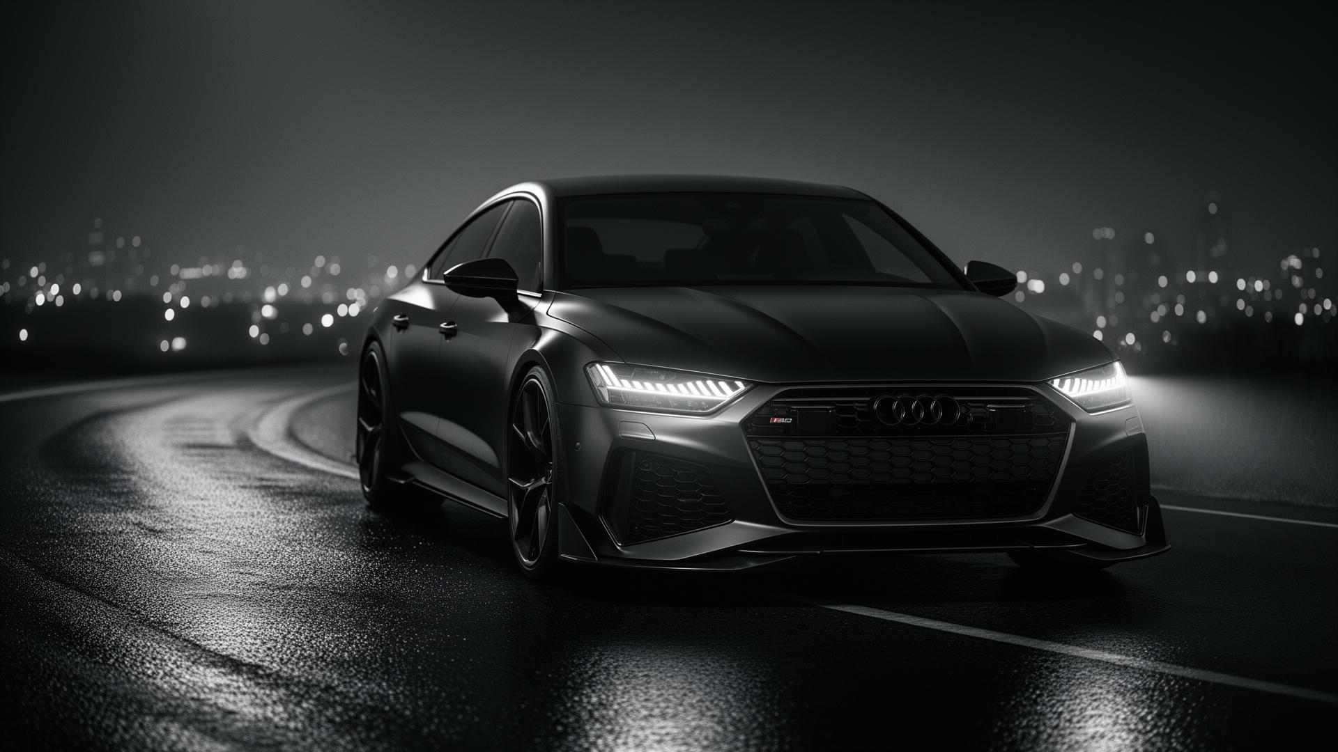 Luxury matte-black fastback sedan at night